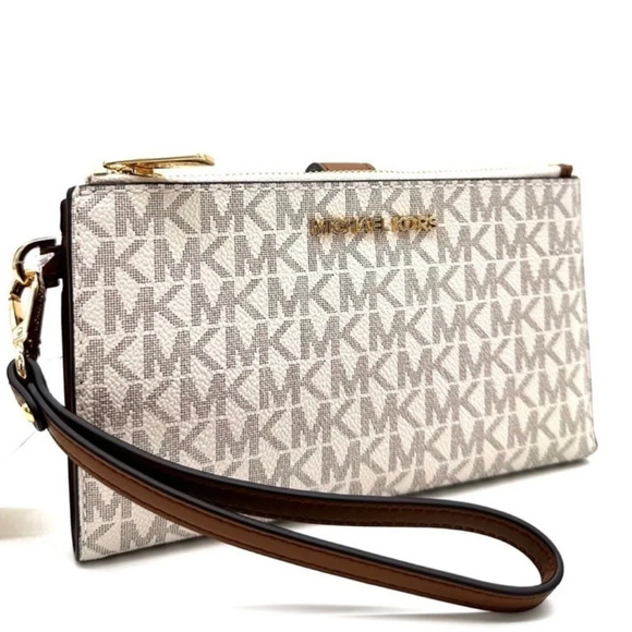 Michael Kors Large Double Zip Wallet Wristlet Vanilla/Brown - Picture 1 of 8